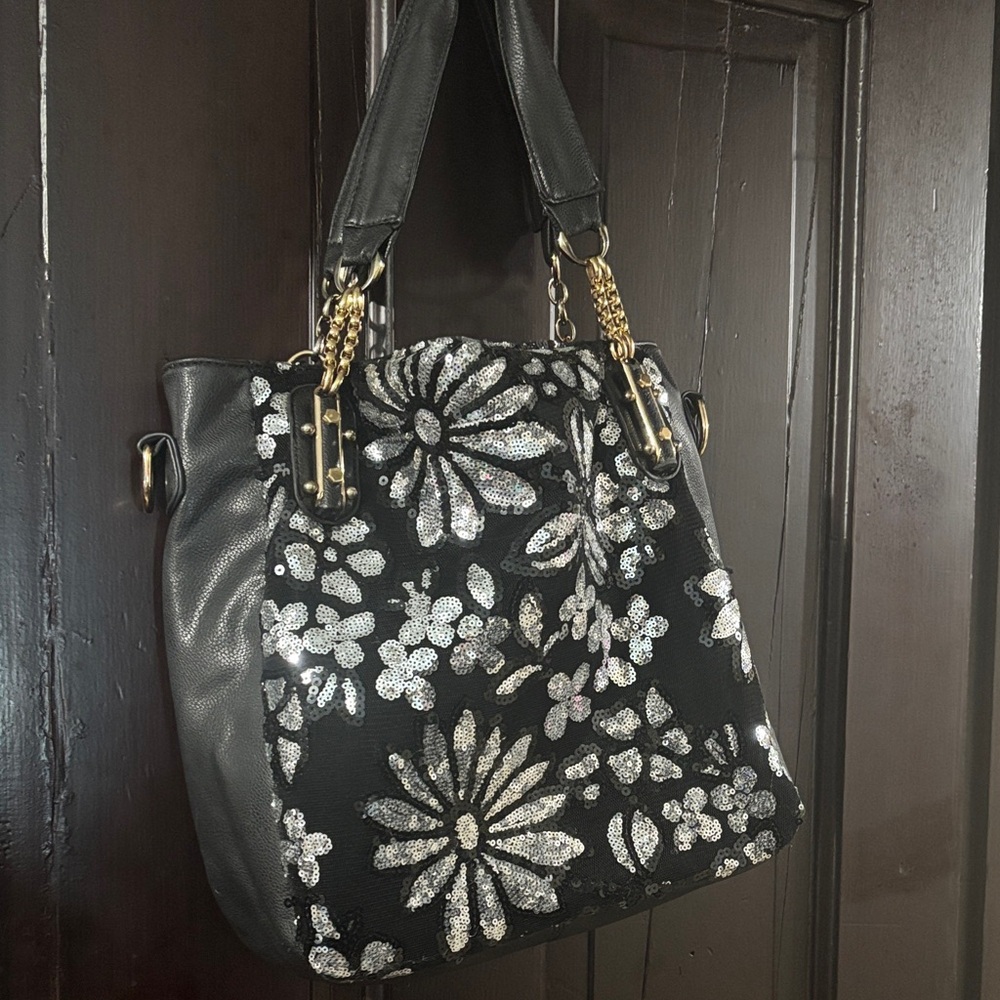 Chic Black and Silver Floral Shoulder Bag